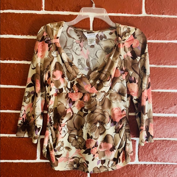 Cream/brown/pink/ floral print half sleeve blouse - Picture 1 of 3